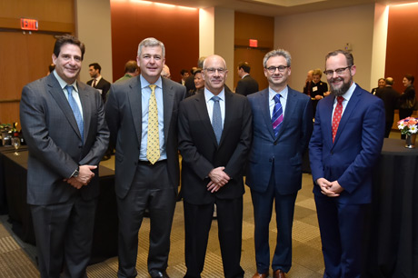 Joseph A. Grundfest, center, with from left, are Fordham Law dean Matthew Diller; Daniel Gallagher, a former SEC commissioner who gave last year’s lecture; Mr. Grundfest; Litigation partner Ben Indek (NY); and Sean Griffith, director, Fordham Corporate Law Center