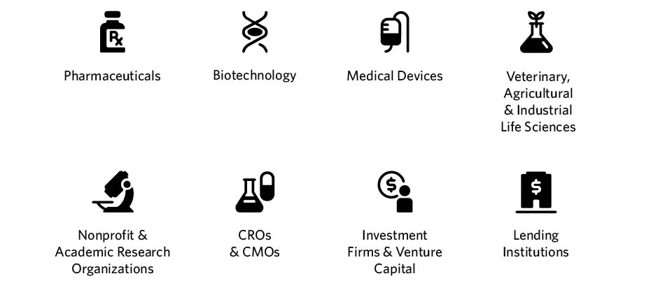 Pharmaceuticals, Biotechnology, Medical Devices, Veterinary, Agricultural & Industrial Life Sciences, Nonprofit & Academic Research Organizations, CROs & CMOs, Investment Firms & Venture Capital, Lending Institutions