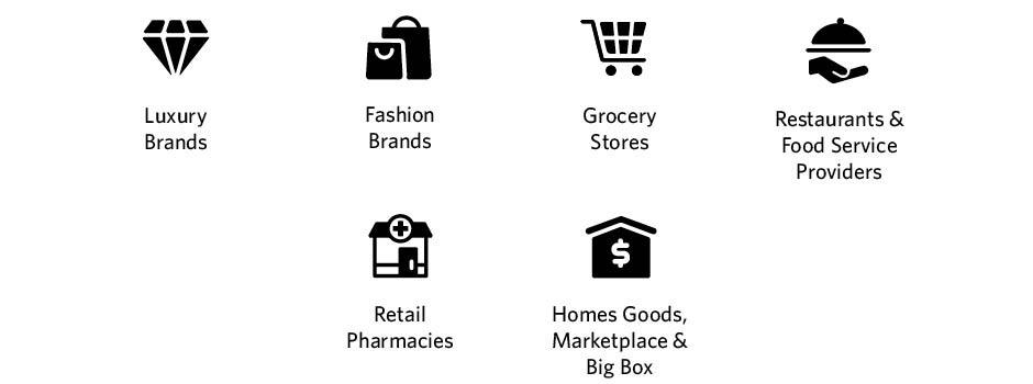 Luxury Brands, Fashion Brands, Grocery Stores, Restaurants & Food Service Providers, Retail Pharmacies, Homes Goods, Marketplace & Big Box