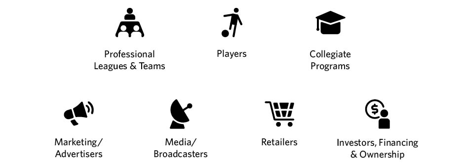 Professional Leagues & Teams, Players, Collegiate Programs, Marketing/Advertisers, Media/Broadcasters, Retailers, Investors, Financing & Ownership